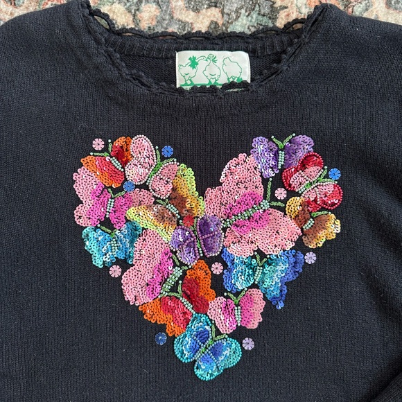 Vintage Sequined Butterfly Heart Sweater Grandmacore Glam Whimsical Eclectic - Picture 3 of 7